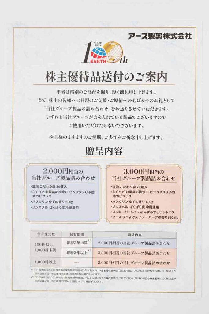 2025年2月末権利分のアース製薬優待商品の案内（内容）