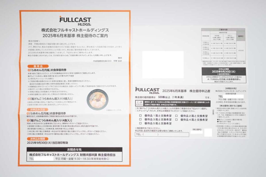 株式会社フルキャストホールディングスの優待申込書と案内が届きました。